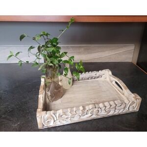 Carved Wood Tray | Rustic Farmhouse Decor | Whitewashed Wooden Serving Tray